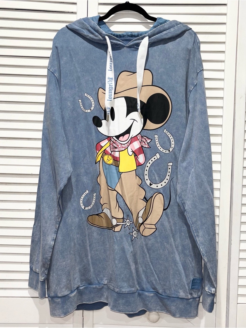 Loungefly Blue Mineral Wash Mickey Cowboy Western Graphic Hoodie Size XL